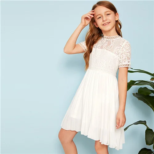 Белый SHEIN Kiddie/красное платье в горошек с рюшами и открытыми плечами для девочек г. летнее расклешенное платье до колена с короткими рукавами для отдыха в стиле бохо - Цвет: Белый