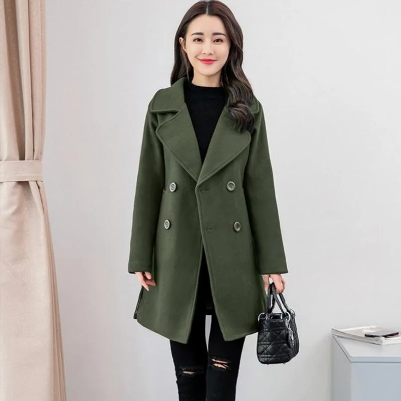 Женское офисное длинное шерстяное пальто с карманами и широкой талией Смешанное