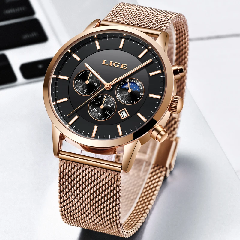 LIGE New Watch Men Casual Grid All Steel Strap Male Automatic Date Waterproof Sport Quartz Wristwatch Luxury Chronograph+Box | Наручные
