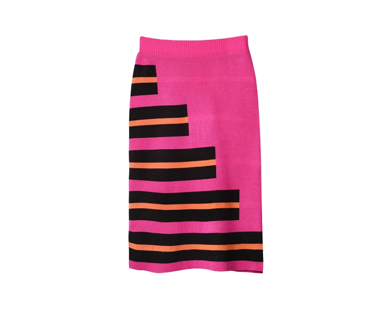 2018 European Newest Autumn Women Popular Runway Striped Mid-calf SKirt Suits Knitted Wool Blends Sweater Pencil Skirt Sets | Женская