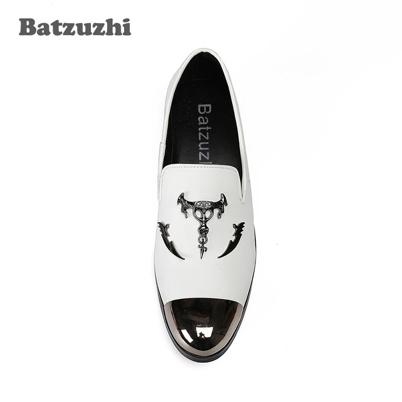 Italian Luxury Men Shoes Silver Top and Metal Toe Men's Dress Genuine Leather White Wedding Flats US12 EU46 | Обувь