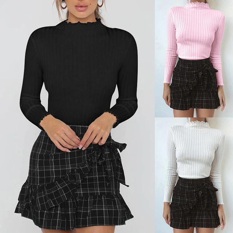 Women Winter Cute Ruffles Neck Knitted Pullover Sweaters Ladies Fashion Solid Slim Crochet Sweater Female Knit Tops | Женская одежда