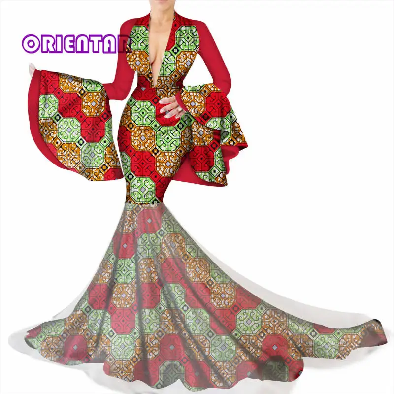 Flare Sleeve African Dresses for Women Bazin Riche Sexy Deep V-neck Long Wedding Party Dress Traditional African Clothing WY3449