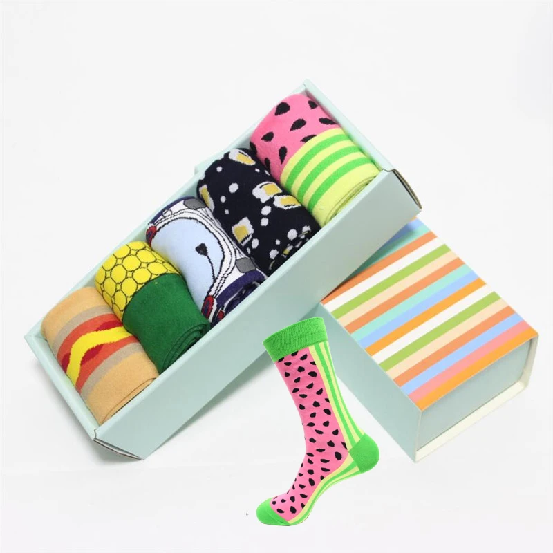 

5 Pairs Men Cotton Long Socks Gift Box Colorful Beer Watermelon Corn Socks Man's Harajuku Skateboard Happy Socks