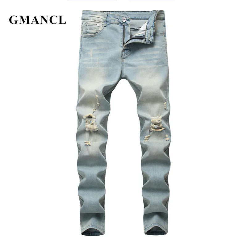 

GMANCL Men Slim Fit Ripped Skinny Hip hop Jeans Holes Distressed High Street Fashion Cotton High Quality Denim Trousers For Male