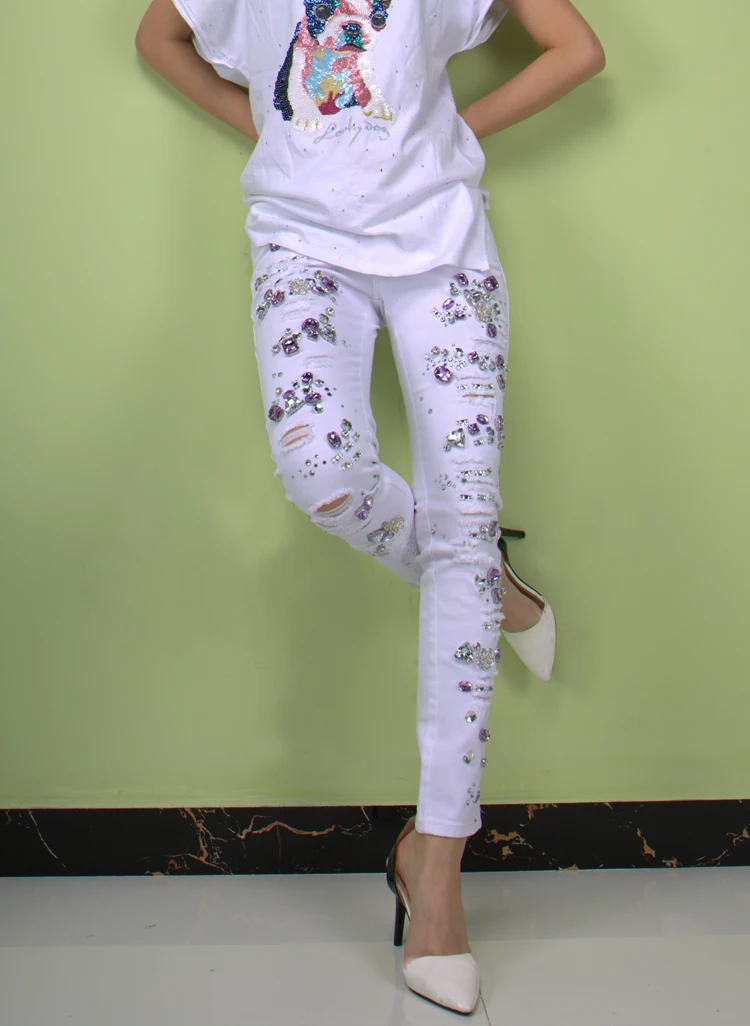 

Cotton Women Rhinestones Diamond Denim Jeans Slim Stretch Pencil Girl Jeans High Quality White Ripped Denim Pants A316