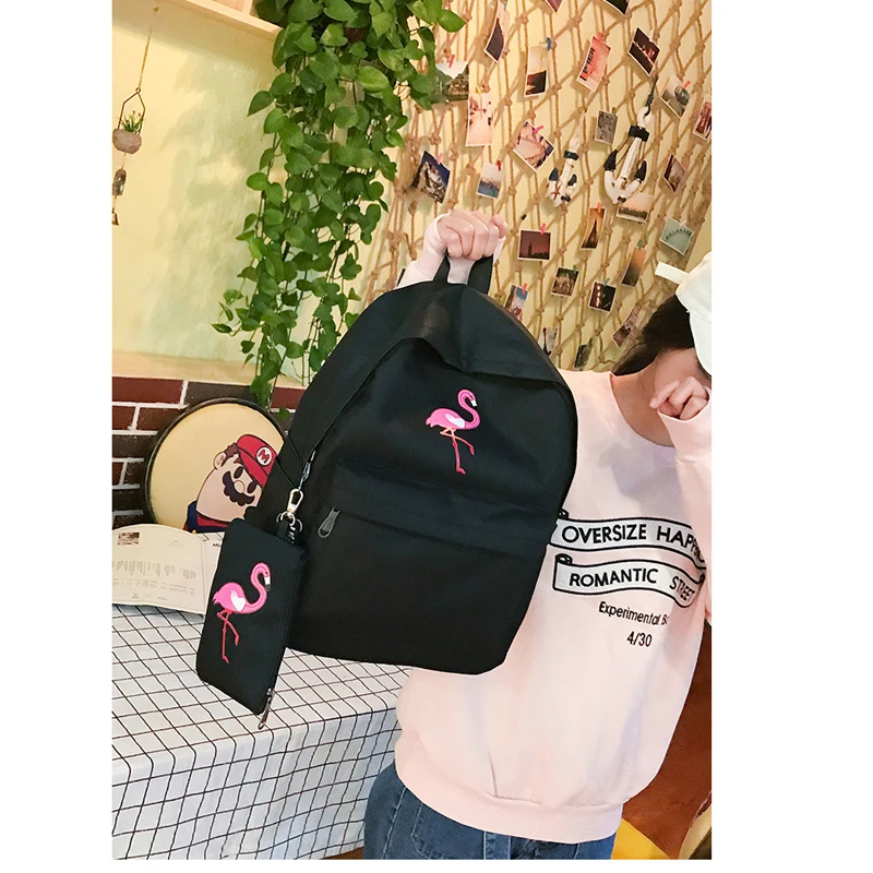 Harajuku school bag female Korean version of ulzzang high school students flamingo print campus college wind canvas backpack
