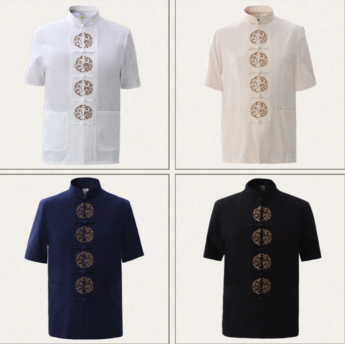 Summer Navy Blue Men's Cotton Embroidery Dragon Shirt tops Vintage Chinese Kung Fu Short Sleeve Tang Suit Size M - XXXL | Мужская