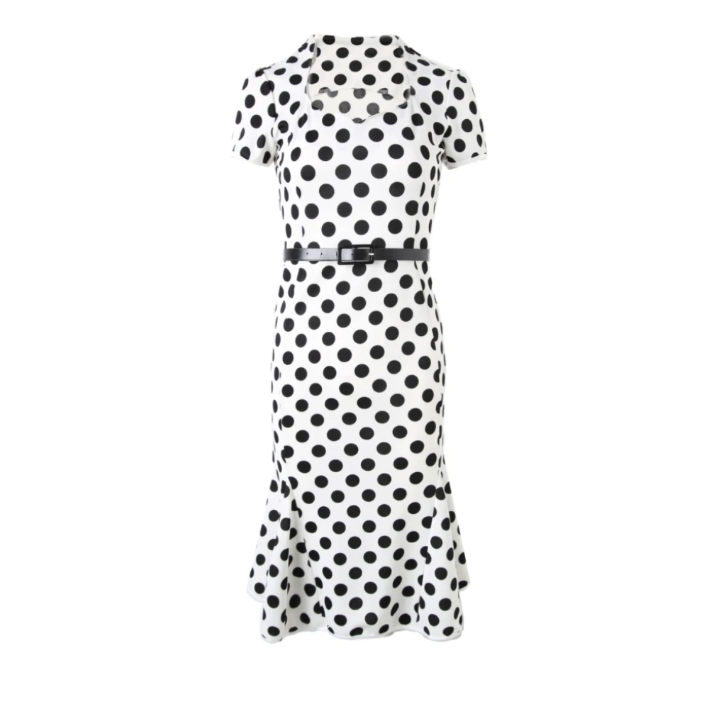 FD3561 Lady's Polka Dot Print Mermaid Tail Pencil Dress Vestidos Robe Short Puff Sleeve Slim Waist with Belt Retro Midi Dresses | Женская