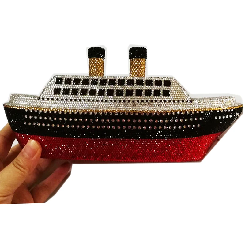 

XIYUAN Brand Full Crystal Clutch Bags Ship Steamer Shape Red/Black Diamond Metal Evening Clutches Purse Ladies Shoulder Handbags