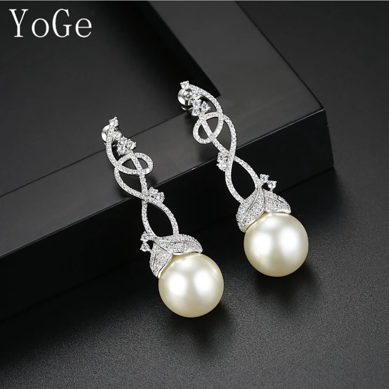 YoGe E5429 AAA CZ и имитация жемчуга лоза листья Длинные серьги гвоздики
