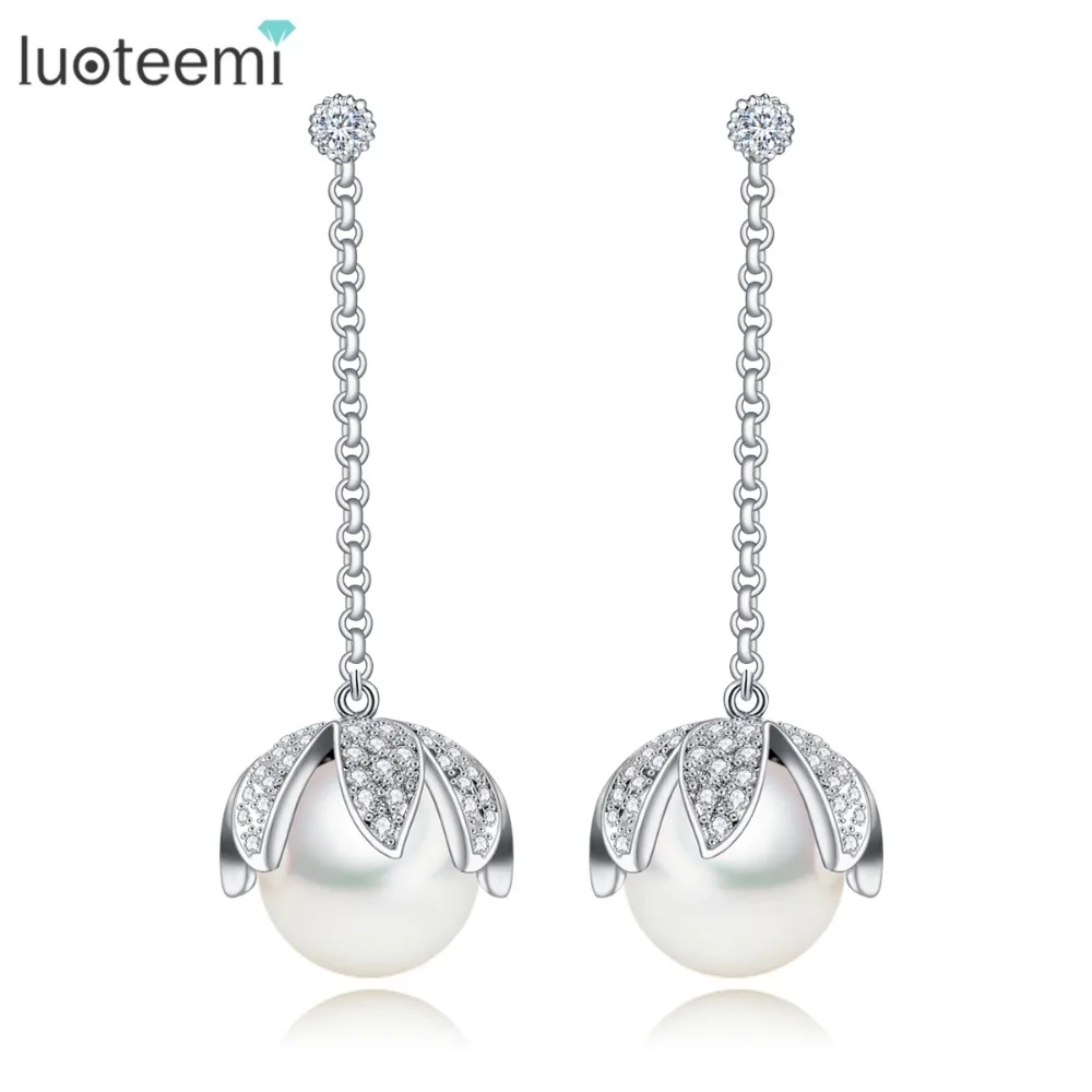LUOTEEMI Fashion Brincos For Women White Gold Color Jewelry CZ Crystal Water Drop Imitation Pearl Earrings Wedding Accessories|earrings wedding|drop