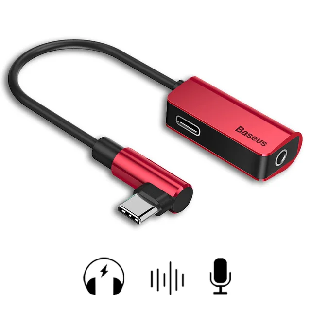 Red Black Baseus локоть usb type C адаптер для huawei P20 Pro 2 в 1 USB C до 3,5 мм разъем зарядный кабель наушники адаптер для Xiaomi 6 8 - Цвет: Red Black