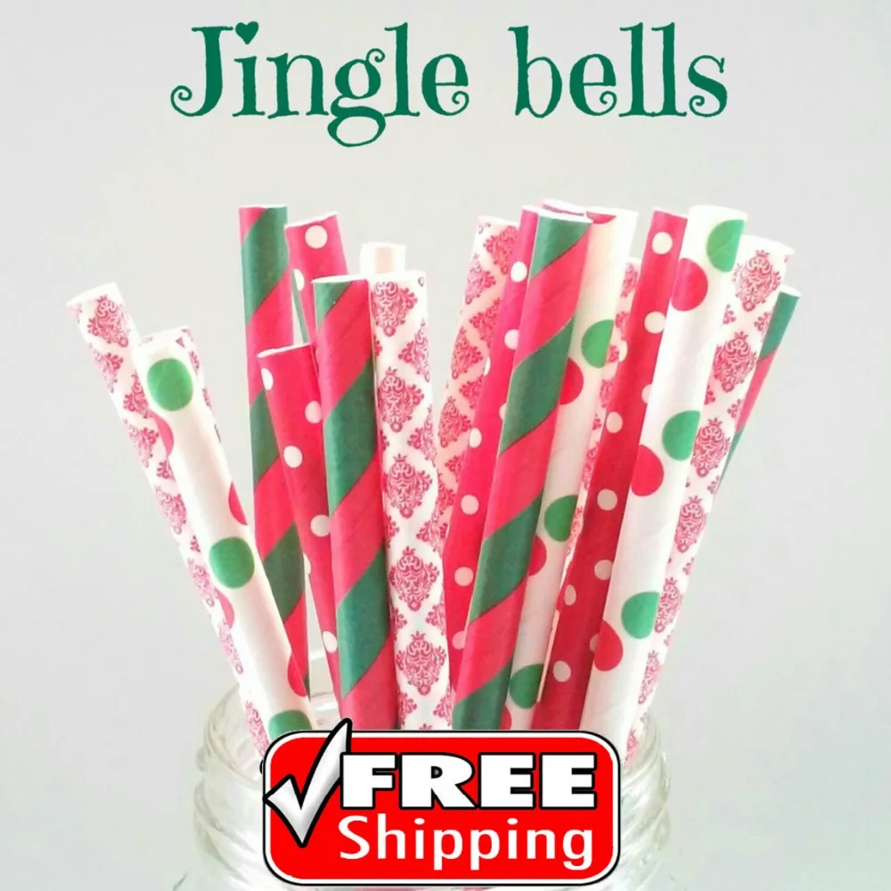 

200pcs Mixed 4 Designs Jingle Bells Themed Paper Straws-Green and Red-Striped,Dot,Damask Christmas Party Retro Drinking Straws