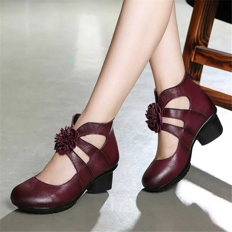 

Genuine Leather hollow high heel women's shoes retro casual single shoe round head thick with Comfortable breathable mother shoe