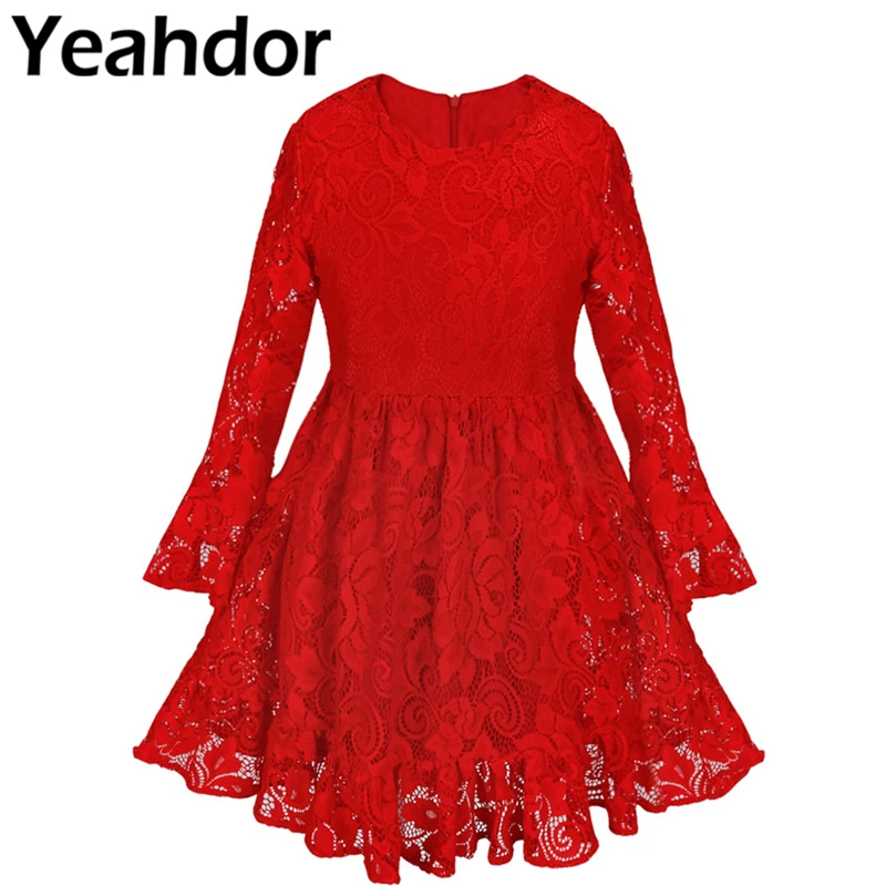 Кружевное платье принцессы с цветочным рисунком и длинными рукавами для девочек