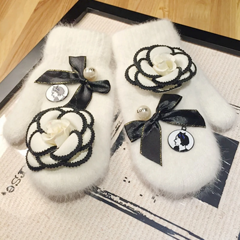 Женские перчатки с большим цветком женские из кроличьего меха варежки без