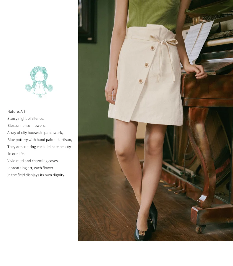 INMAN Autumn New Arrival Young Literary Style Lacing Button Slits A-line Women Short Skirt