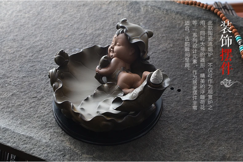 

PINNY Smoke Backflow Incense Burner Lotus Child Buddhist Incense Holder Aroma Furnace Ceramic Censer Home Decor Smell Removing