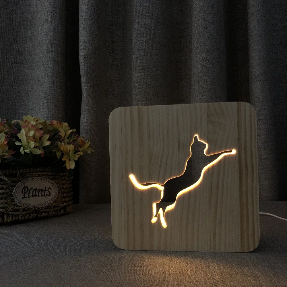 PET Addiction jump animal cat shape Wooden 3D LED Night Light wooden night lamp as best gifts | Лампы и освещение