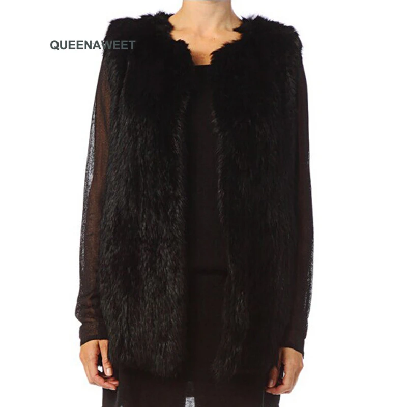 

Free shipping womens natural real rabbit fur vest Long Real Knitted Rabbit Fur Waistcoat Thick Gilet Top Quality