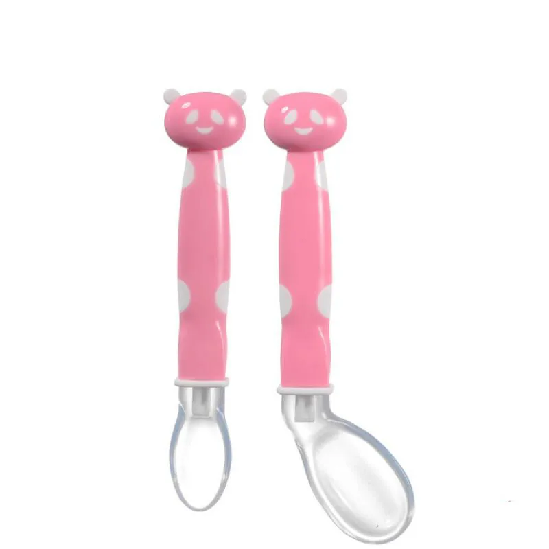 pink 2 шт./кор. новые детские мягкие силиконовые ложки для кормления, столовая ложка с рисунком ложки с коробкой для новорожденных и малышей посуда Обучающие ложки - Цвет: pink
