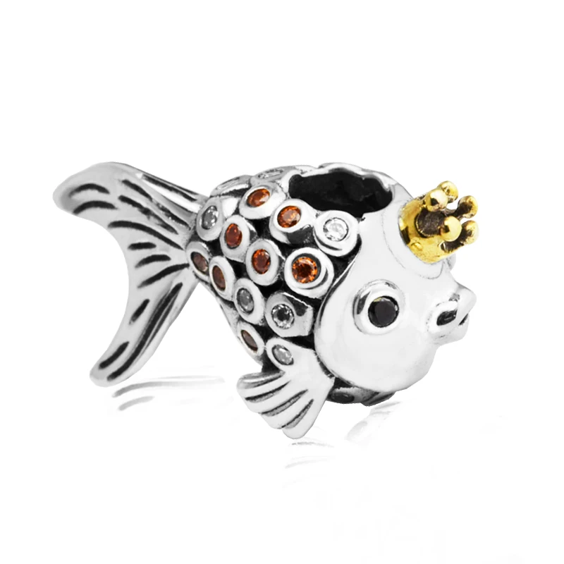 

Crown goldfish King of Fish With CZ Charms Fit Silver Charm Bracelets 925 Sterling Silver Jewelry For woman DIY Wholesale