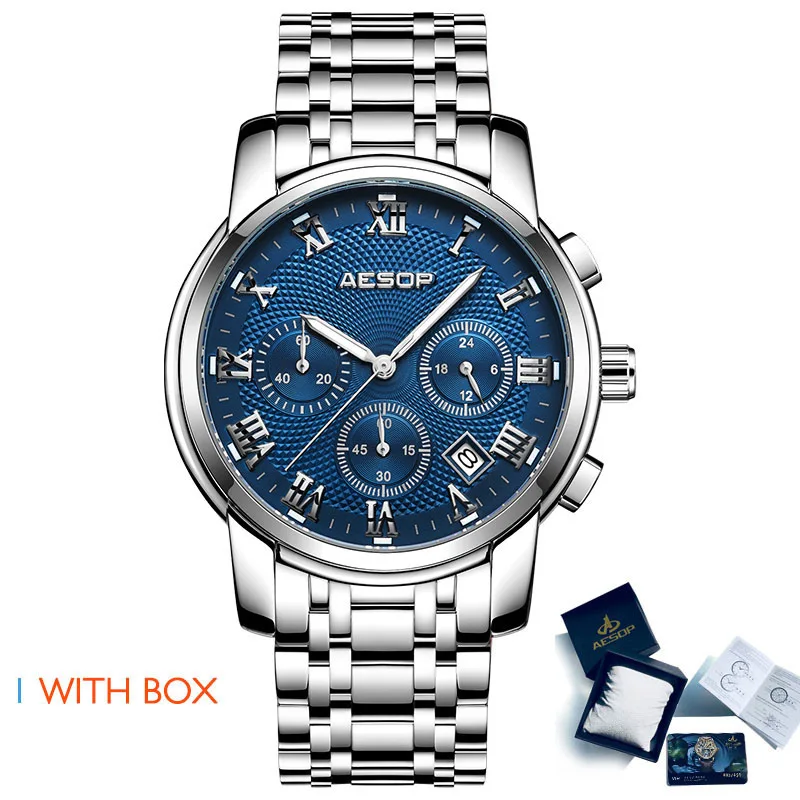 Silver blue S Box Aesop, мужские часы, Роскошные, мужские наручные часы, спортивные, нержавеющая сталь, ремешок, мужские часы, наручные часы, Relogio Masculino - Цвет: Silver blue S Box