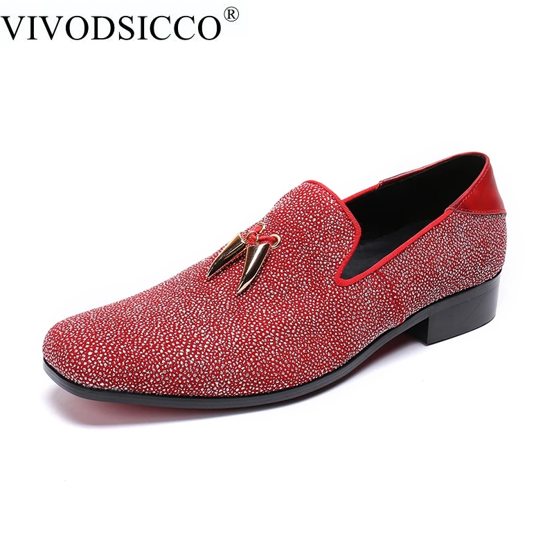 

VIVODSICCO Men Handmade Luxury Brand Men Loafers Diamond Rhinestones Dress Shoes Bottom Wedding Party Loafers Smoking Slippers