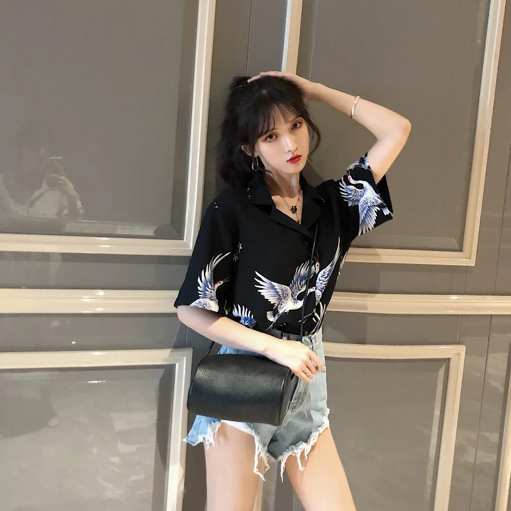 Рубашка женская с принтом журавля винтажная Свободная Повседневная рубашка в