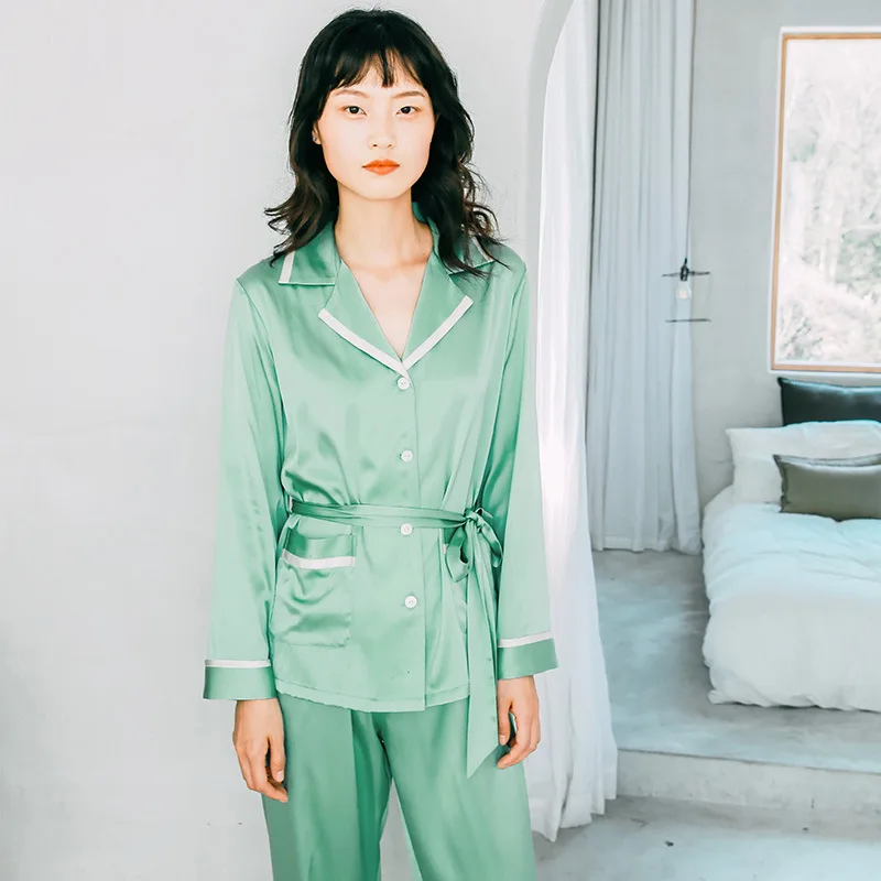 Genuine Silk Pajama Sets Female Casual Fashion Turn-Down Collar Silkworm Silk Sleepwear Long-Sleeve Two-Piece 1102
