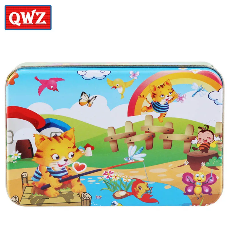 7 QWZ 60 шт. 3D DIY деревянные головоломки обучающая игрушка милая головоломка железная коробка Мультяшные персонажи животные Раннее Обучение для детей Подарки - Цвет: 7