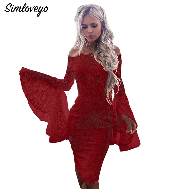 SIMLOVEYO 2019 Summer Women White Lace Elegant Dress Sexy Strapless Horn Long Sleeve Slim Party Bodycon Vestido De Fiesta | Женская