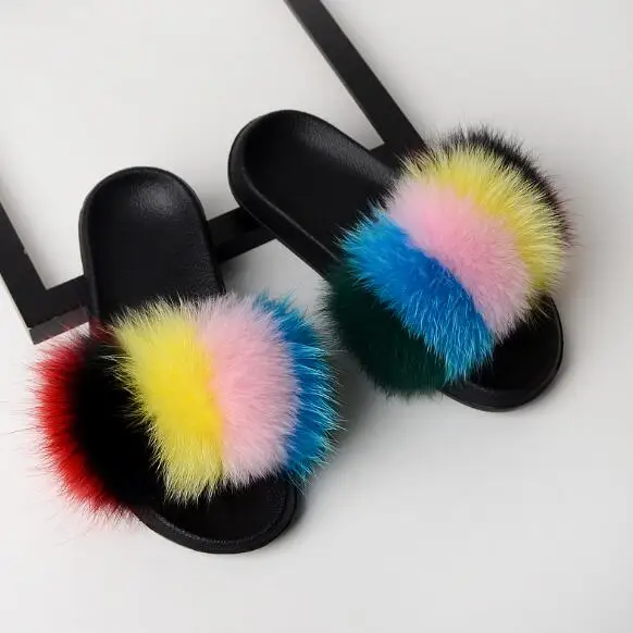 Fox Fur Mixed Тапочки из лисьего меха; женские домашние пушистые тапочки; Плюшевые Пушистые летние туфли на плоской подошве; Милая женская обувь; Лидер продаж; милая обувь; большой размер 45 - Цвет: Fox Fur Mixed