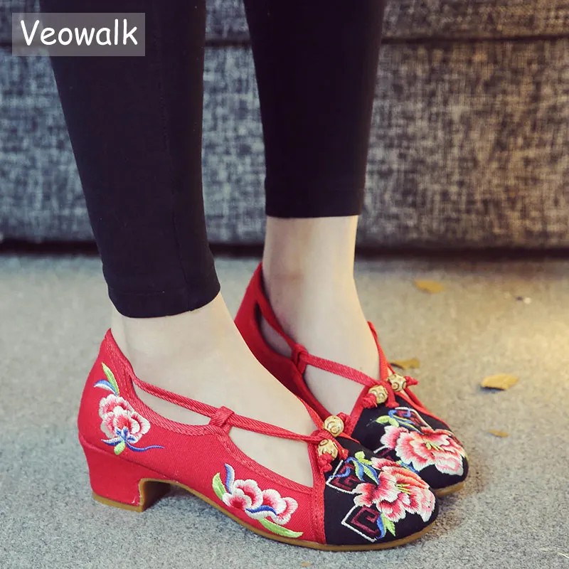 Veowalk Low Block Heels Women Canvas Embroidered Pumps Shoes Elegant Ladies Casual Cotton Floral Embroidery with Strap | Обувь