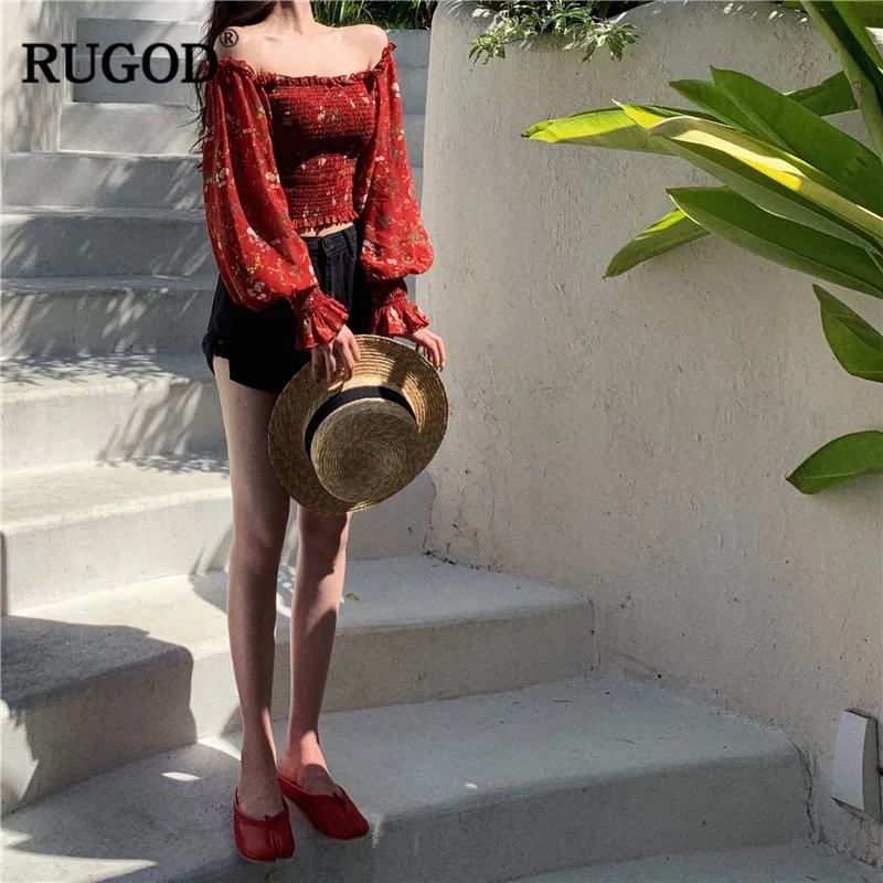 RUGOD 2019 цветочный принт женские блузки фонари рукава с открытыми плечами slash шеи