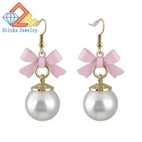 high quality delicate gold color pink drops of oil butterfly bow knot pearl dangle earring for women