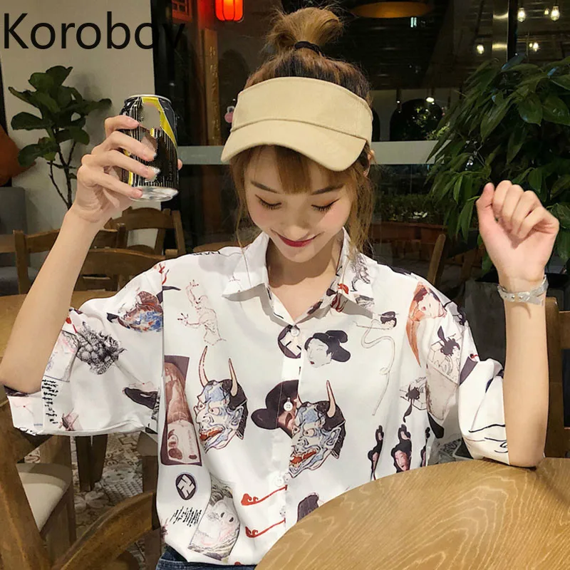 Korobov Ulzzang, женские блузки, Ретро стиль, мультяшный принт, корейские женские рубашки, короткий рукав, уличная одежда, Harajuku Blusas Mujer 77968