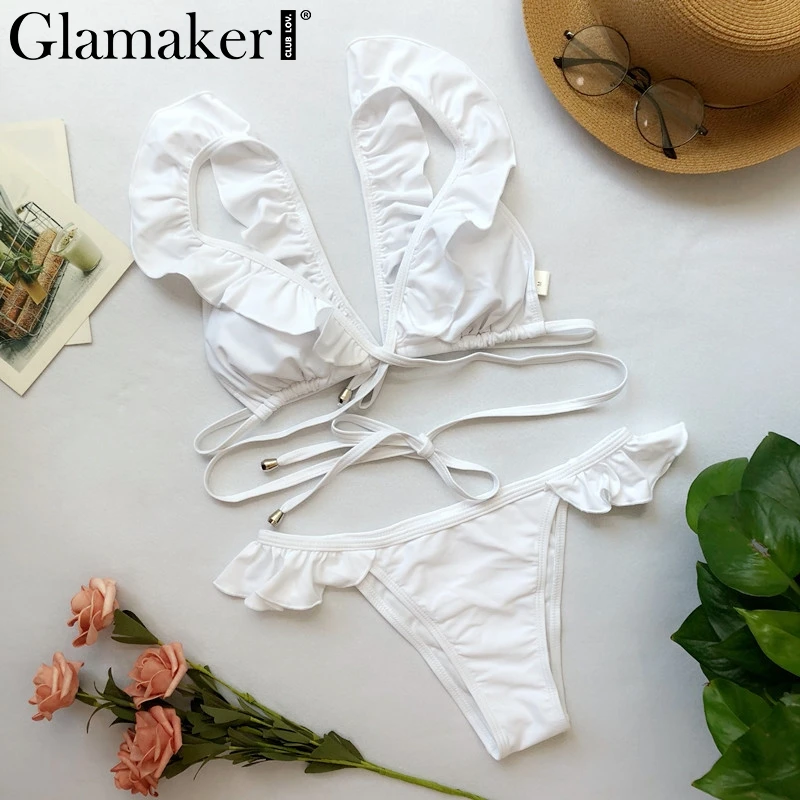 Glamaker красный гофрированный купальник женский сексуальный глубокий v-образный вырез купальный костюм для женщин купальный костюм бикини с высокой талией пуш-ап с открытыми плечами Купальник