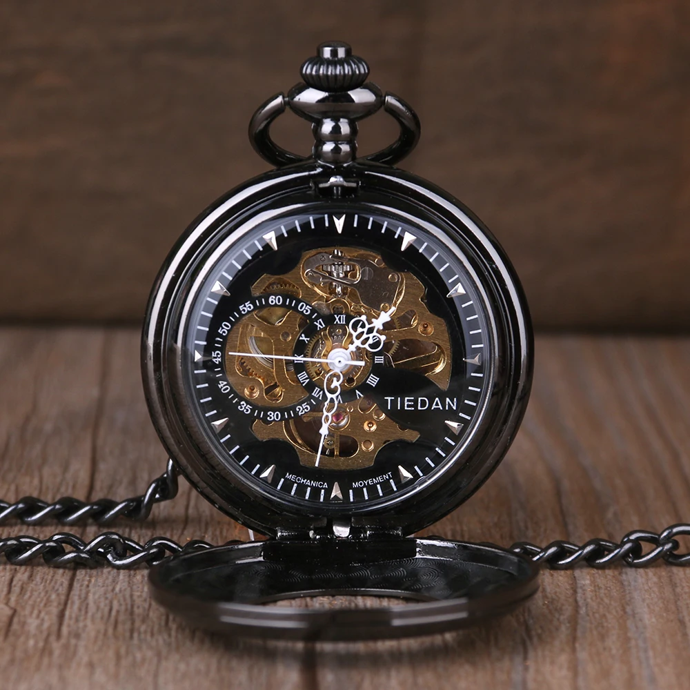 Black Smooth Texture Hollow Manual Mechanical Pocket Watch Retro Steampunk Gentleman Pendant Accessories Men's Clock