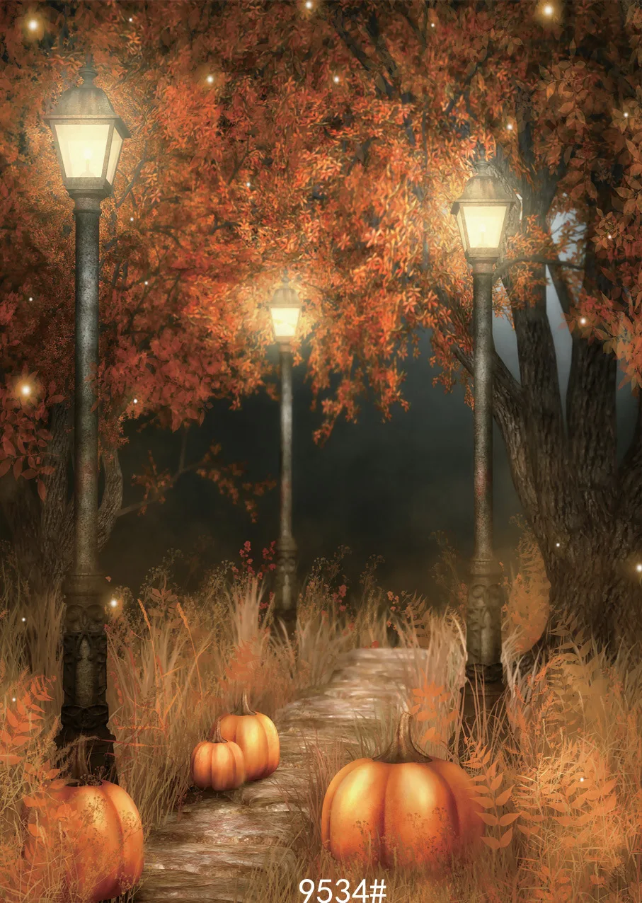 

Fabric Cloth Custom Halloween Photography Backdrops Prop Garden Pumpkin Yellow Vinyl Background Photo Studio for Children Party