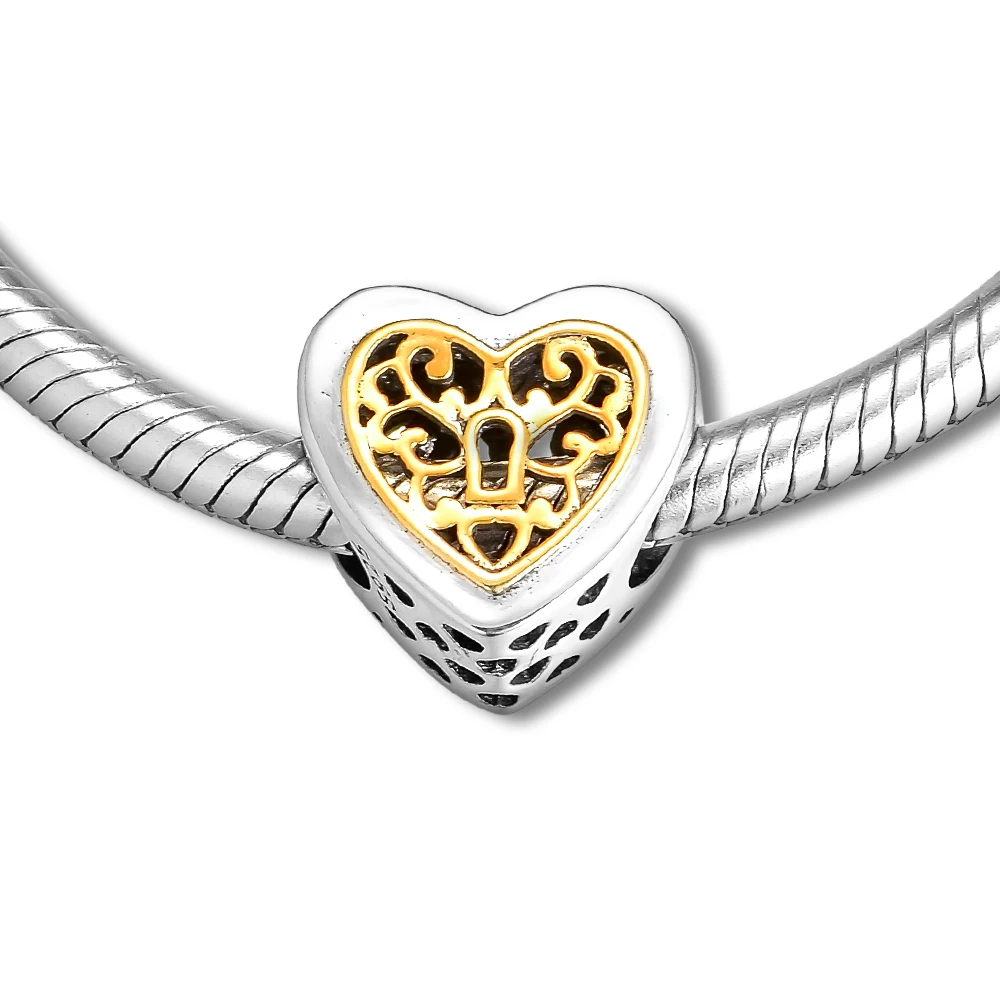 Подходит для Pandora Браслеты заблокирован сердца талисманы с 14k позолоченный 100%