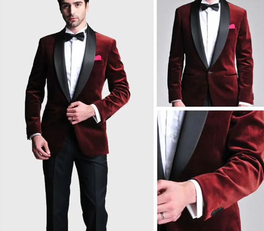 Модные бордовые вельветовые смокинги шаль с отворотом 3 шт. мужские черными