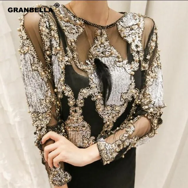 Brand famous 2020 women crystal Blouses sexy lace beads autumn winter top and shirts  blusa femme camisa  wholesale