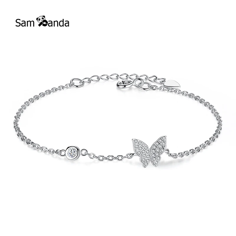 

Fashion 100% 925 Sterling Silver Butterfly Bracelets & Bangles for Women Jewelry Rhinestone Two Layer Chain Link Bracelet Female