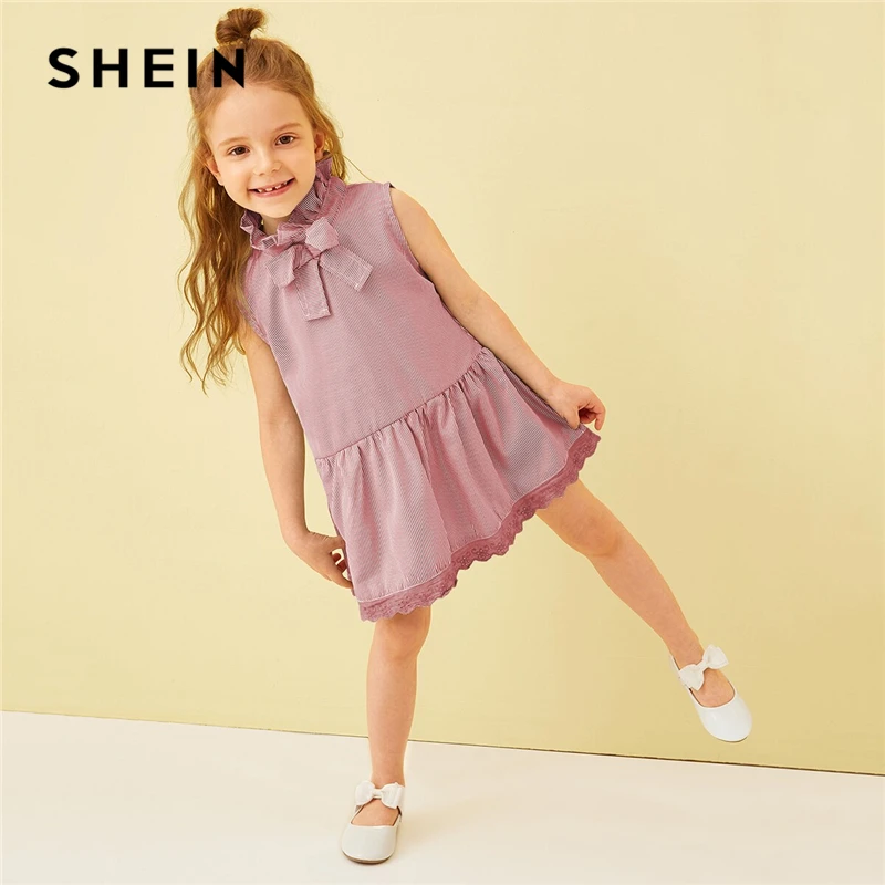SHEIN/милое платье в полоску с оборками и завязками на шее для девочек г. Летние детские короткие платья трапециевидной формы без рукавов с пуговицами сзади