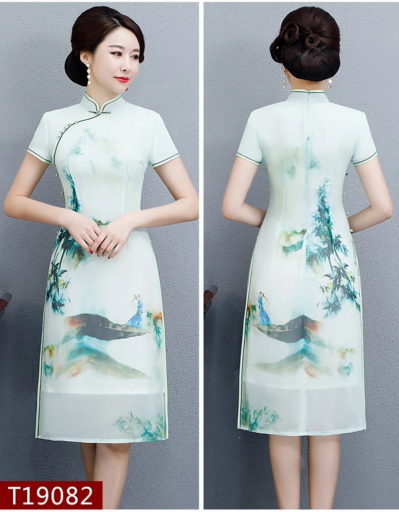 

2019 Womens Summer short Cheongsam Fashion Chinese style Polyester Dress Knee Length Qipao Slim Party Dresses Lady Vestido S-3XL