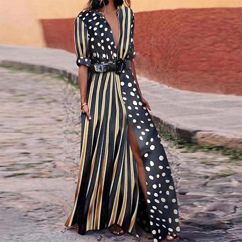 Long Striped Chiffon shirt Summer 2019 Woman Polka Dot Patchwork Casual Boho Shirt Women Robe Longue Femme Ete | Женская одежда