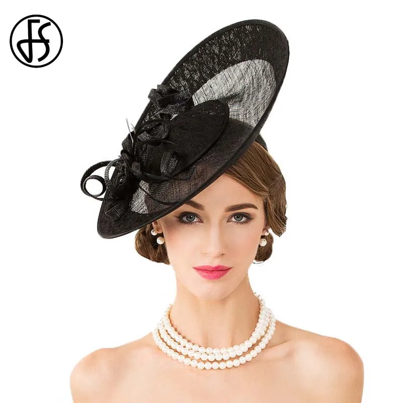 

FS Royal Sinamay Big Black Hat Women Church Fascinators For Wedding Dress Kentucky Derby Hats Elegant Large Brim Party Fedoras