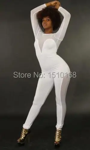 Novidades Vestidos Women Sexy Mesh Patchword White/Black Jumpsuit Bobycon Evening Club Party 2014 Summer High Street Bandage Cas |